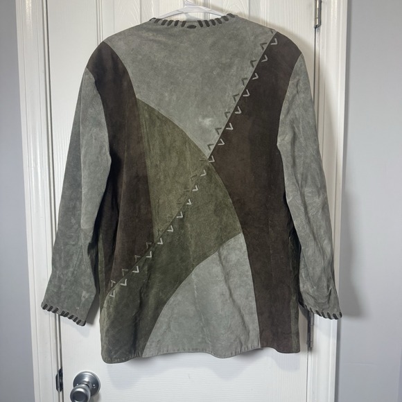 GIORGIO MOBIANI Womens Suede Leather Overcoat 14 Large Green Brown Patchwork Vtg - Picture 5 of 10